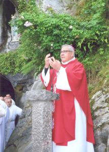 Mons. Martínez, durante la Eucaristía celebrada en la gruta de la Virgen de Lourdes.